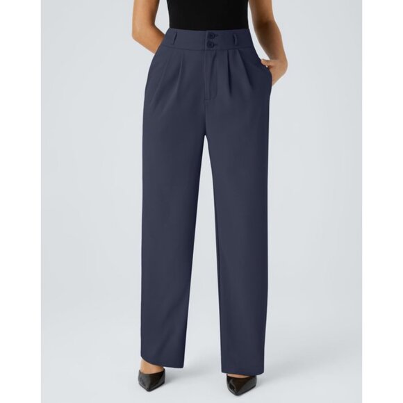 Halara High Waisted Shirred Straight Leg Work Pants Sz XL Womens Navy Blue Pocke - Picture 2 of 13